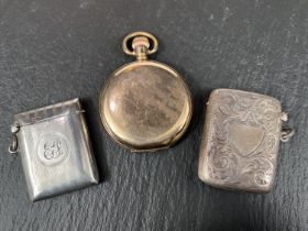 A Waltham keyless hunter pocket watch, gold plated; 2 hallmarked silver vesta cases