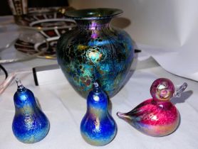An  'Isle of Wight' iridescent vase, height 13cm; 3 similar miniature pieces