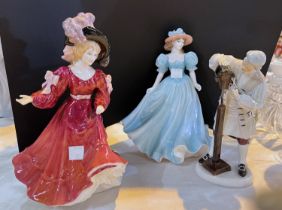 Two Royal Doulton figures:  Patricia & Wigmaker of Williamsburg; a Coalport figure:  Kathleen