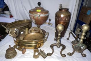 A 19th century copper tea urn; decorative brassware; etc.