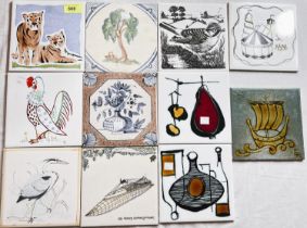 Ten 1950's/60's 6" tiles:  Santos-Dumont Airship; circus tents by Alistair McDuff; animals; etc.