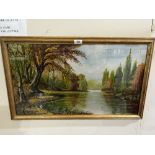 E. TURNER. BRITISH 20TH CENTURY A wooded lake scene. Signed. Oil on board. 16' x 28'