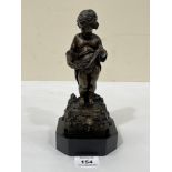 A 19th century bronze figure, finely cast as a boy carrying fish in his robe raised on a socle
