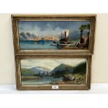 19TH CENTURY CONTINENTAL SCHOOL Lake scenes. A pair. Oil on board 7' x 16½'