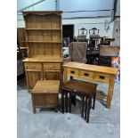 A small pine dresser; a pine side table; an oak commode and a nest of tables. (4)