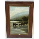 SCOTTISH SCHOOL. 19TH CENTURY Highland cattle in a landscape. Oil on 23' x 15' board