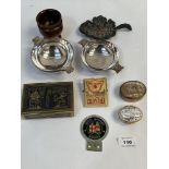 A box of sundries to include a Halcyon Days enamel box; two plated quaiches; an advertising letter
