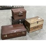 A leather case; pine box; tin box and a vintage case