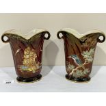 A pair of Crown Devon Fieldings lustre vases, gilded and painted with a galleon or a kingfisher.