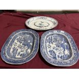 Two willow pattern blue and white meat plates, probably Minton and one other. (3)