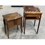 A games table with chessboard top and an oak work table