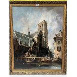 CONTINENTAL SCHOOL. 19TH CENTURY Town scene with church, boats and figures. Oil on lined canvas