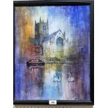 CONTEMPORY SCHOOL Worcester Cathedral from the River Severn. Indistinctly signed. Mixed media on