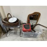 Sundries to include a 1950s mirror; ice tongs; scales; occasional table; baskets etc.