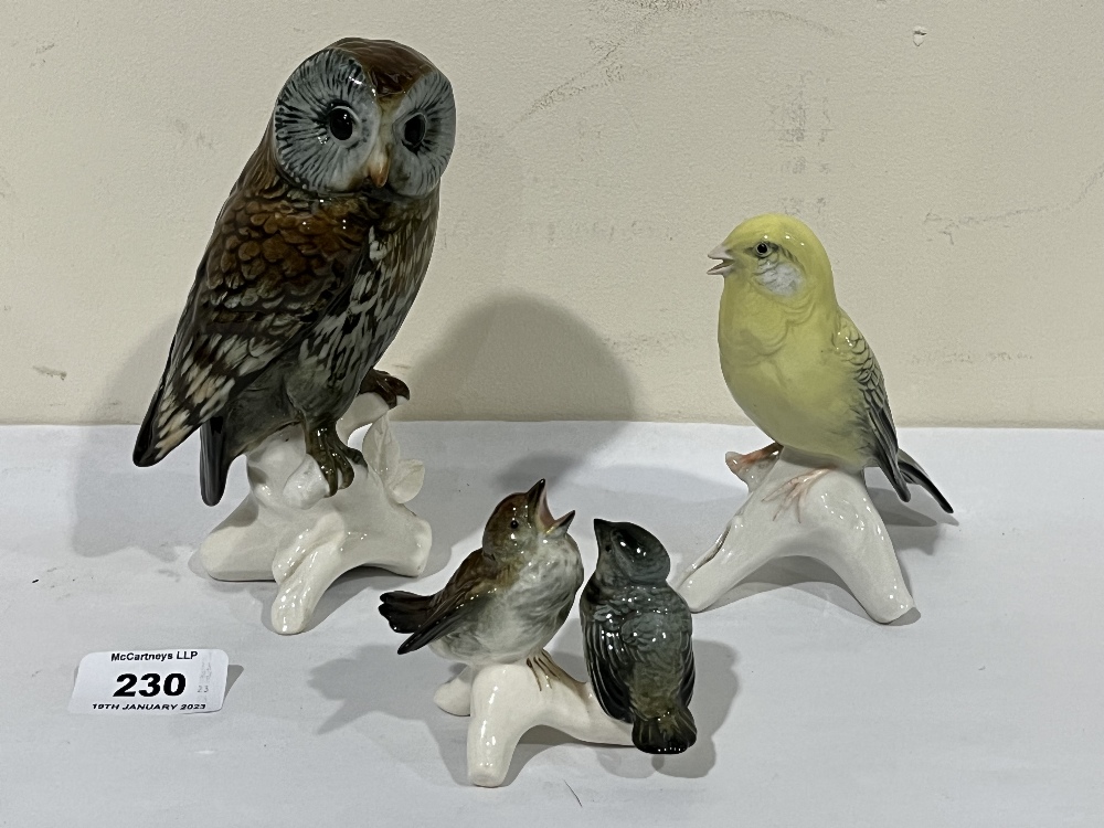 Three porcelain models of birds by Porzellanfabrik Karl Ens. The owl 6¼' high