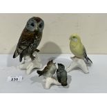 Three porcelain models of birds by Porzellanfabrik Karl Ens. The owl 6¼' high