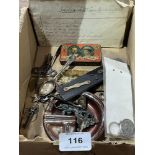 A box of sundries to include a Cadburys 1911 Coronation Tin of chocolate , silver teaspoon etc.