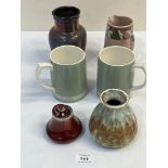 Two Wedgwood mugs by Keith Murray and four items of studio pottery