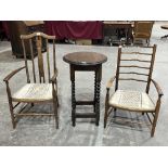 Two early 20th century Arts and Crafts bedroom armchairs and a 1920s oak barleytwist occasional