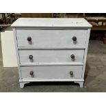 A Victorian decorated pine chest of three long drawers on bracket feet. 38' wide