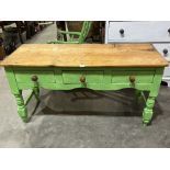 A Victorian decorated pine kitchen side table, the scrubbed top over three drawers, on turned and