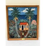 S. LYNCH. BARBADIAN 20TH CENTURY House and figure between two trees. Signed. Oil on board 17½' x