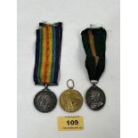 A group of three WWI medals, British War medal, Victory medal and Territorial Efficiency medal.