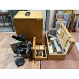 A Russian Nomo laboratory microscope with lenses and cased accessories