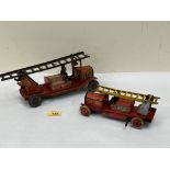Two English tinplate clockwork fire engines, the larger 9½' long
