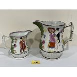 Two early 19th century pearlware Pratt type jugs, both moulded with lovers in a garden in low