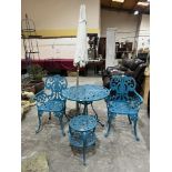 A metal patio table and two chairs; an occasional table and a garden parasol (5)