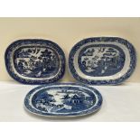 Three 19th century Staffordshire blue and white willow pattern meat plates, the larger 19' wide. Two