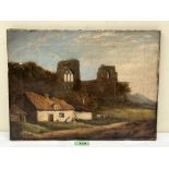 ENGLISH NAIVE SCHOOL. 19TH CENTURY Cottage with figures and a ruined church. Oil on canvas 11' x
