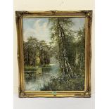 GEORGE SINCLAIRE. BRITISH 20TH CENTURY A wooded river scene. Signed. Oil on patched canvas 24' x