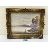 19TH CENTURY SCHOOL A lake scene with angler, standing on the shore. Watercolour 7' x 9½'
