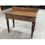 A 19th century mahogany side table with a pair of frieze-drawers on reeded tapered legs. 36' wide.