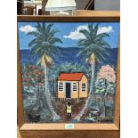 S. LYNCH. BARBADIAN 20TH CENTURY House and figure between two trees. Signed. Oil on board 17½' x