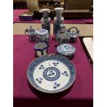 A collection of oriental blue and white ceramics, the lot to include a Chinese moon flask