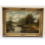 GEORGE GRANT. BRITISH 20TH CENTURY River landscape with birch grove and figure. Signed. Oil on