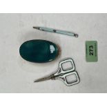 A guilloche enamel brush, sewing scissors and propelling pencil