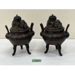 A pair of Japanese Meiji period bronze censers with Dog of Fo covers. 7' high