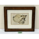 JANICOTTE. FRENCH 20TH CENTURY Study of three Siamese cats. Signed. Watercolour 4' x 6'