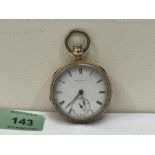 A Waltham lever watch in plated case, the Foggs Patent movement numbered 436799, the enamel dial