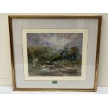 SARAH JOHNSON. BRITISH exh. 1891-1892 A fisherman by a weir. Signed. Watercolour 11½' x 14¼'