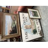 A pub sign from the Church Inn Ludlow, (A.F.) a print and a watercolour, both local scenes