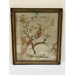 A Georgian silk embroidery of a bird on a branch with flying insect. c.1820. 16½' x 14'