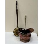 A copper coal bucket, brass bed warmer and poker