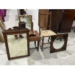 A 19th century mahogany bidet stool; three mirrors and a rush seated chair (5)