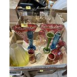 A collection of coloured and decorated glassware