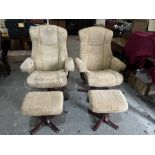 A pair of upholstered armchairs with a pair of footstools
